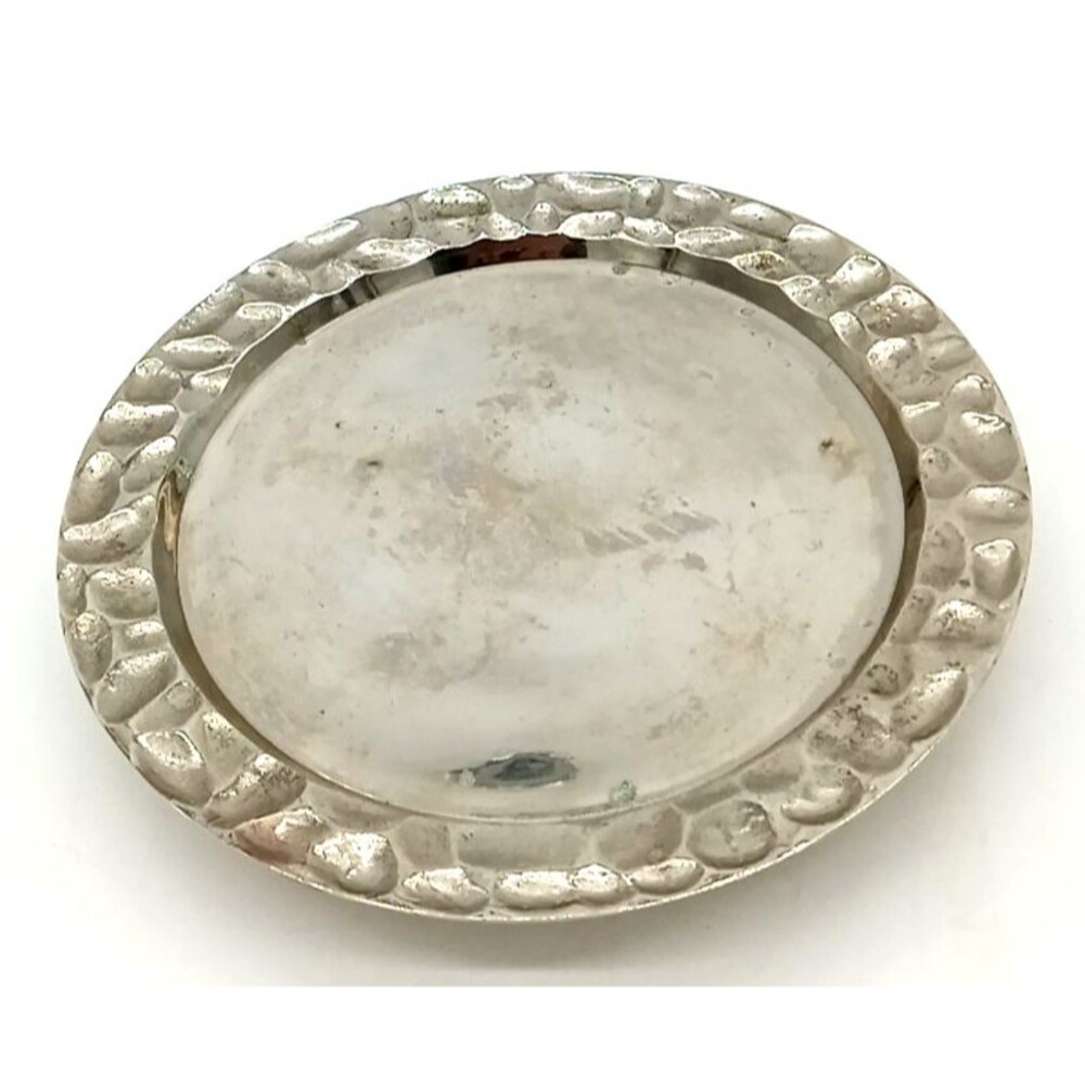 Vintage 8" Footed Heavy Aluminum Tray Candle Holder With Hammered Trim